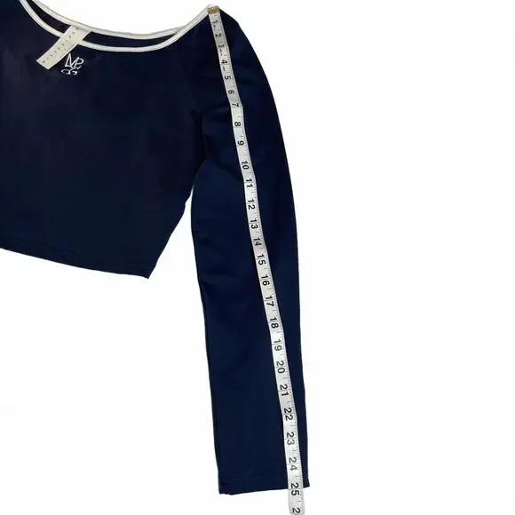 Missguided Navy Blue Long Sleeve Crop Top with White Trim - Picture 4 of 7